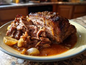 A close-up of a juicy apple cider braised pork shoulder, shredded and served with onions in a rich sauce.