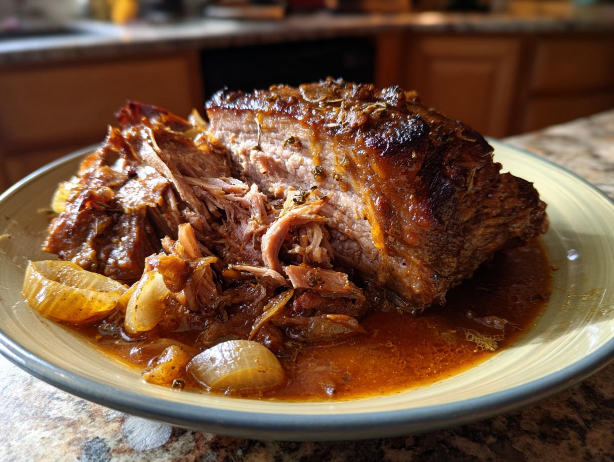 A close-up of a juicy apple cider braised pork shoulder, shredded and served with onions in a rich sauce.