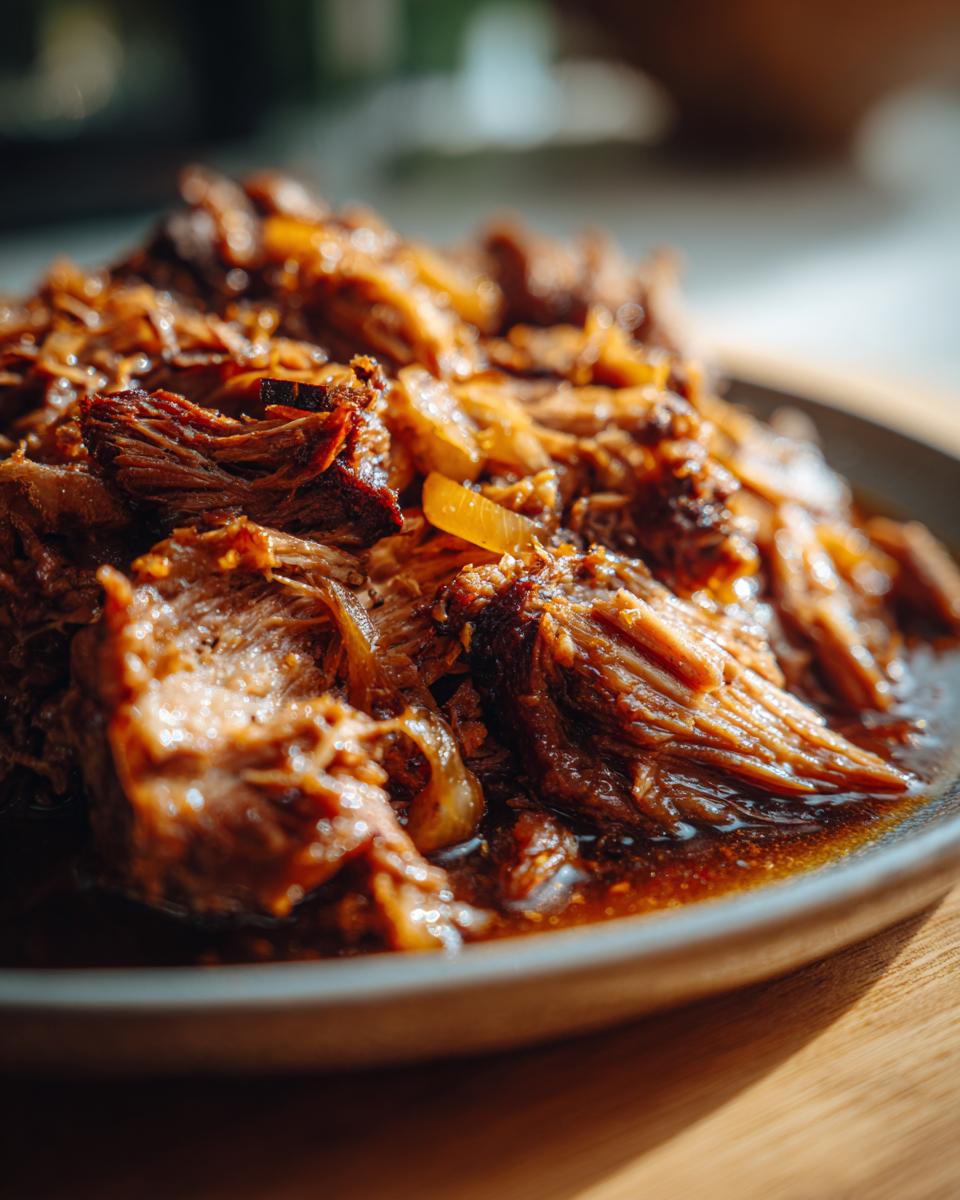 Close-up of tender, shredded apple cider braised pork shoulder in a rich sauce on a plate.