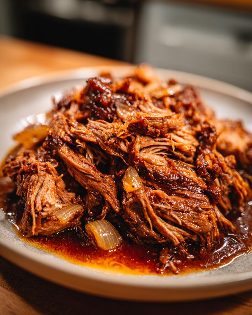 Close-up of tender, shredded apple cider braised pork shoulder with onions in a rich sauce.