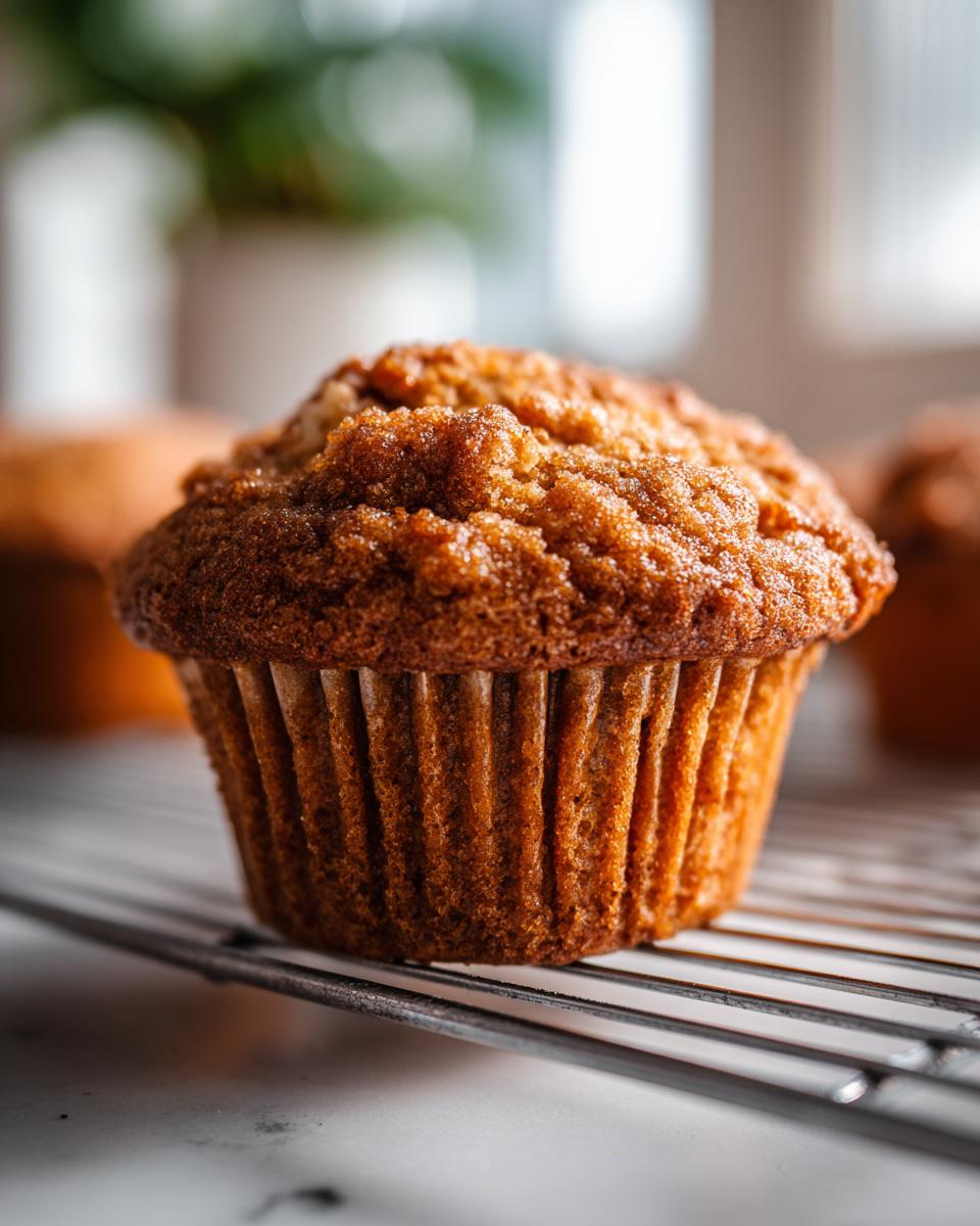 Close-up of a golden-brown apple cinnamon muffin with a textured top, resting on a wire cooling rack.