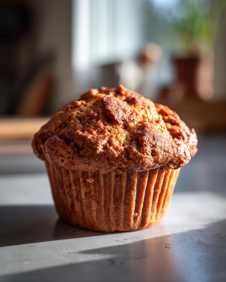 A single, perfectly baked apple cinnamon muffin with a textured, golden-brown top, sitting on a grey surface.