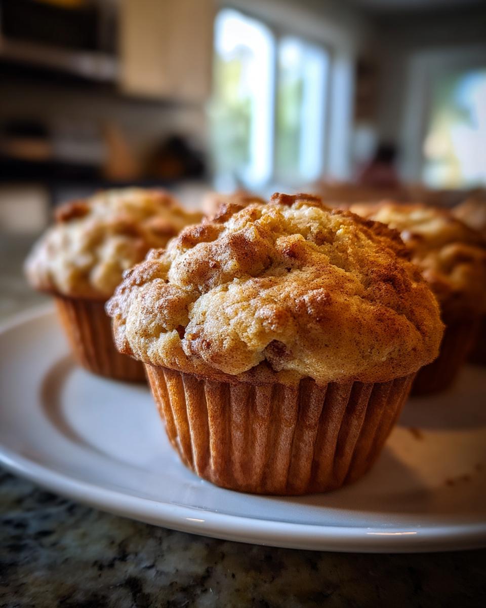 Close-up of a golden brown apple cinnamon muffin with a crumbly top, on a white plate.