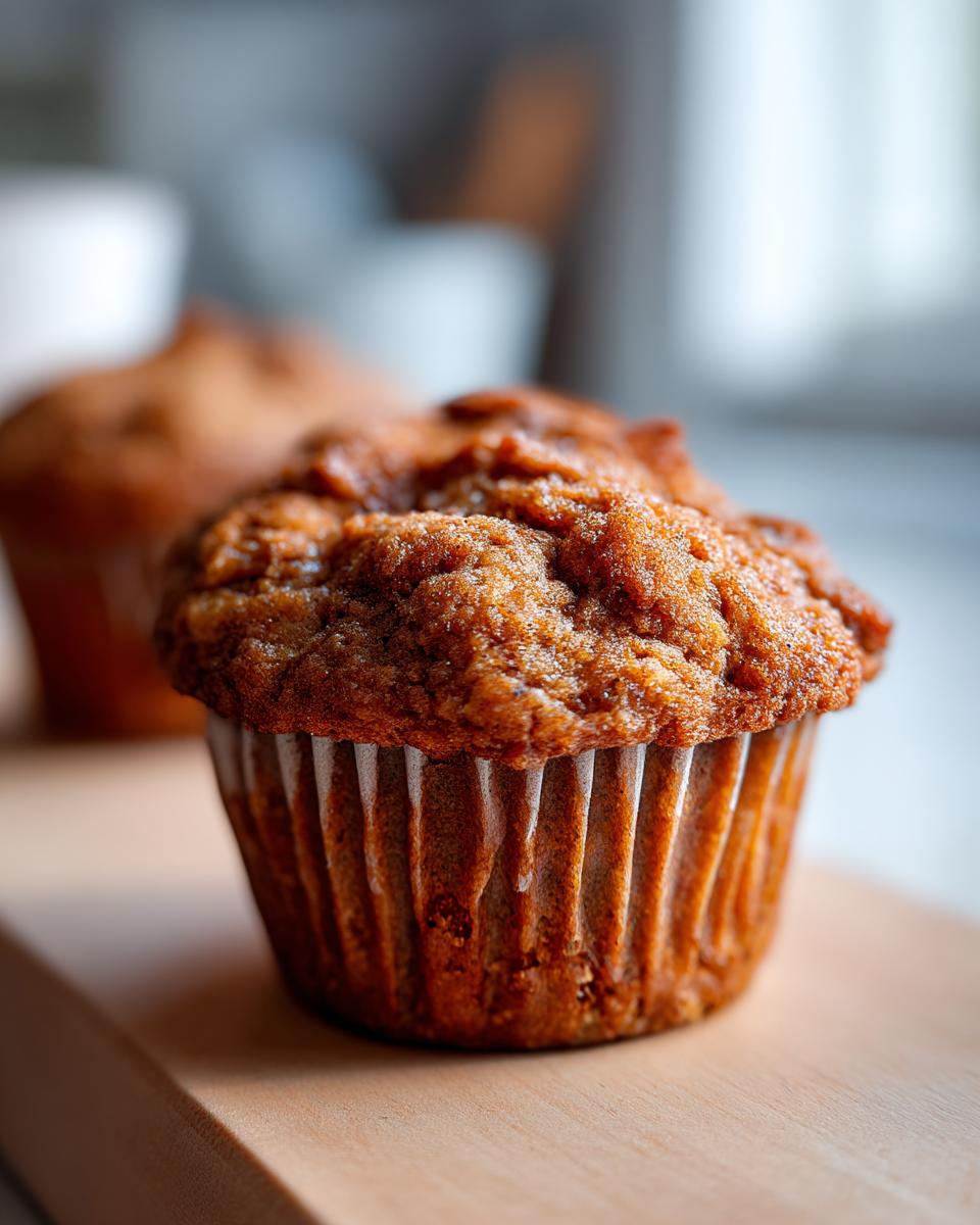 Close-up of a golden-brown apple cinnamon muffin in a fluted paper liner, resting on a wooden board.