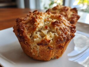 A close-up view of two golden brown apple cinnamon muffins on a white plate, with a blurred background.