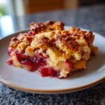A close-up of a slice of apple cranberry cobbler on a plate, showing the golden brown topping and juicy fruit filling.