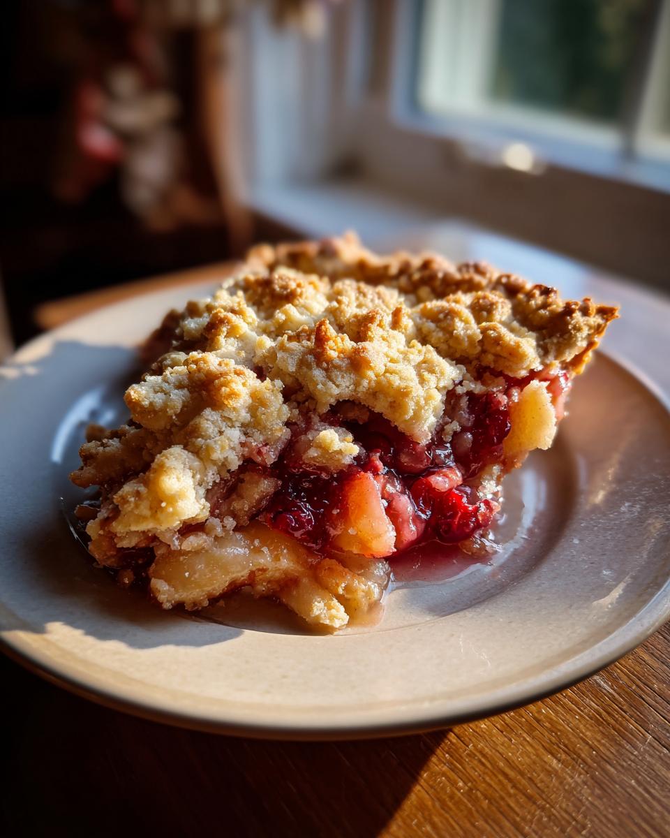 A close-up of a slice of apple cranberry cobbler on a plate, with a crumb topping and juicy fruit filling.