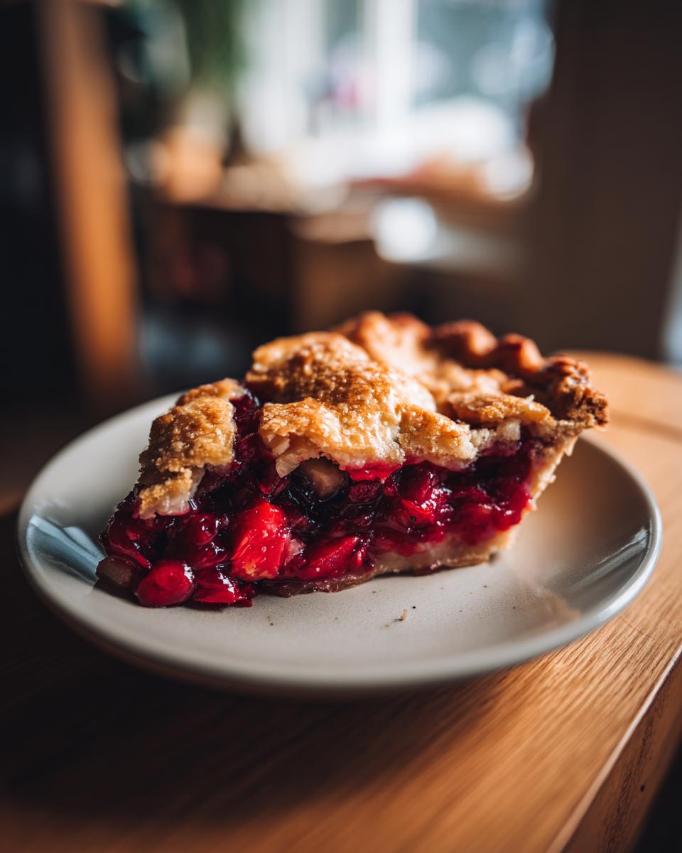 A close-up shot of a slice of apple cranberry cobbler on a plate, showcasing the flaky crust and vibrant fruit filling.