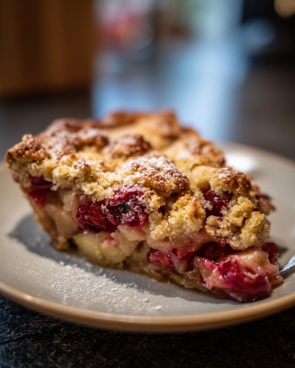 A close-up shot of a slice of apple cranberry cobbler, dusted with powdered sugar.