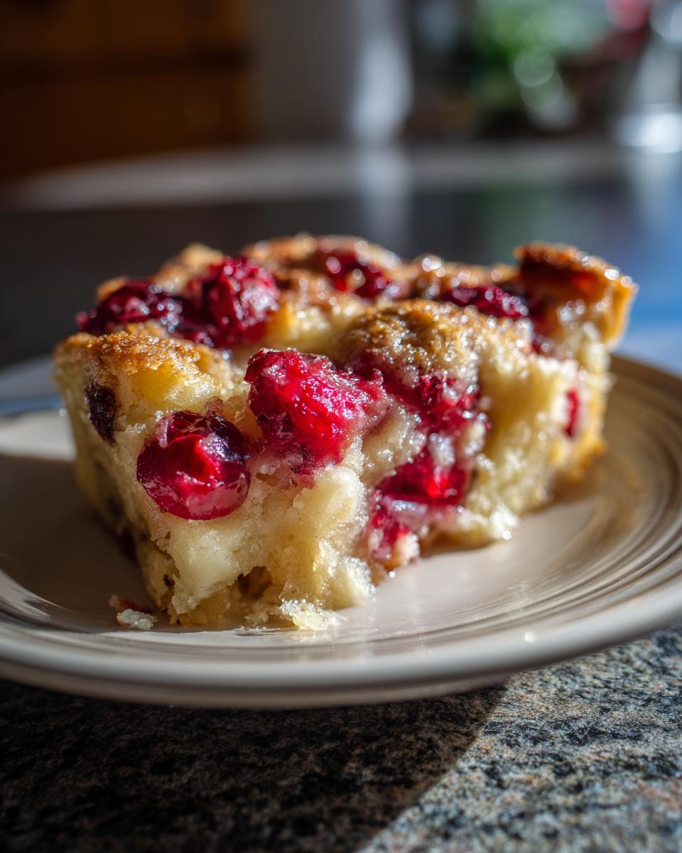 A close-up shot of a slice of apple cranberry cobbler on a plate, showcasing the fruit and crumb topping.