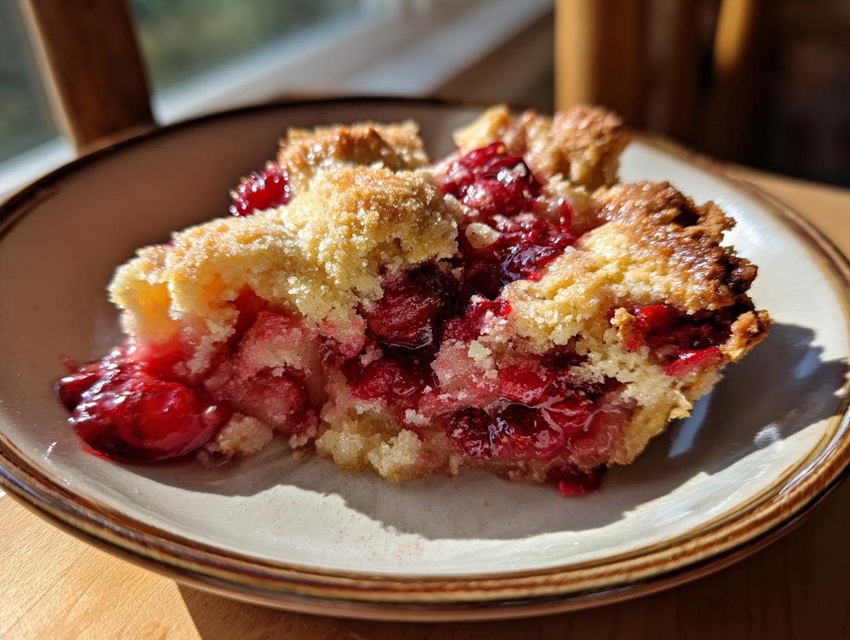 A close-up of a slice of apple cranberry cobbler on a plate, showing the crumb topping and juicy fruit filling.