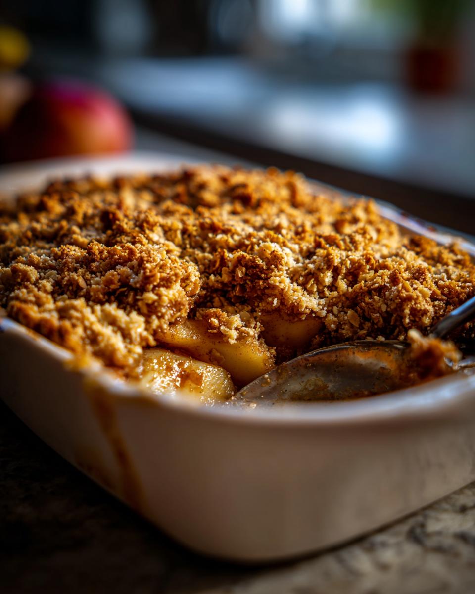 A close-up of a golden-brown apple crisp in a white baking dish, with a spoon digging in.