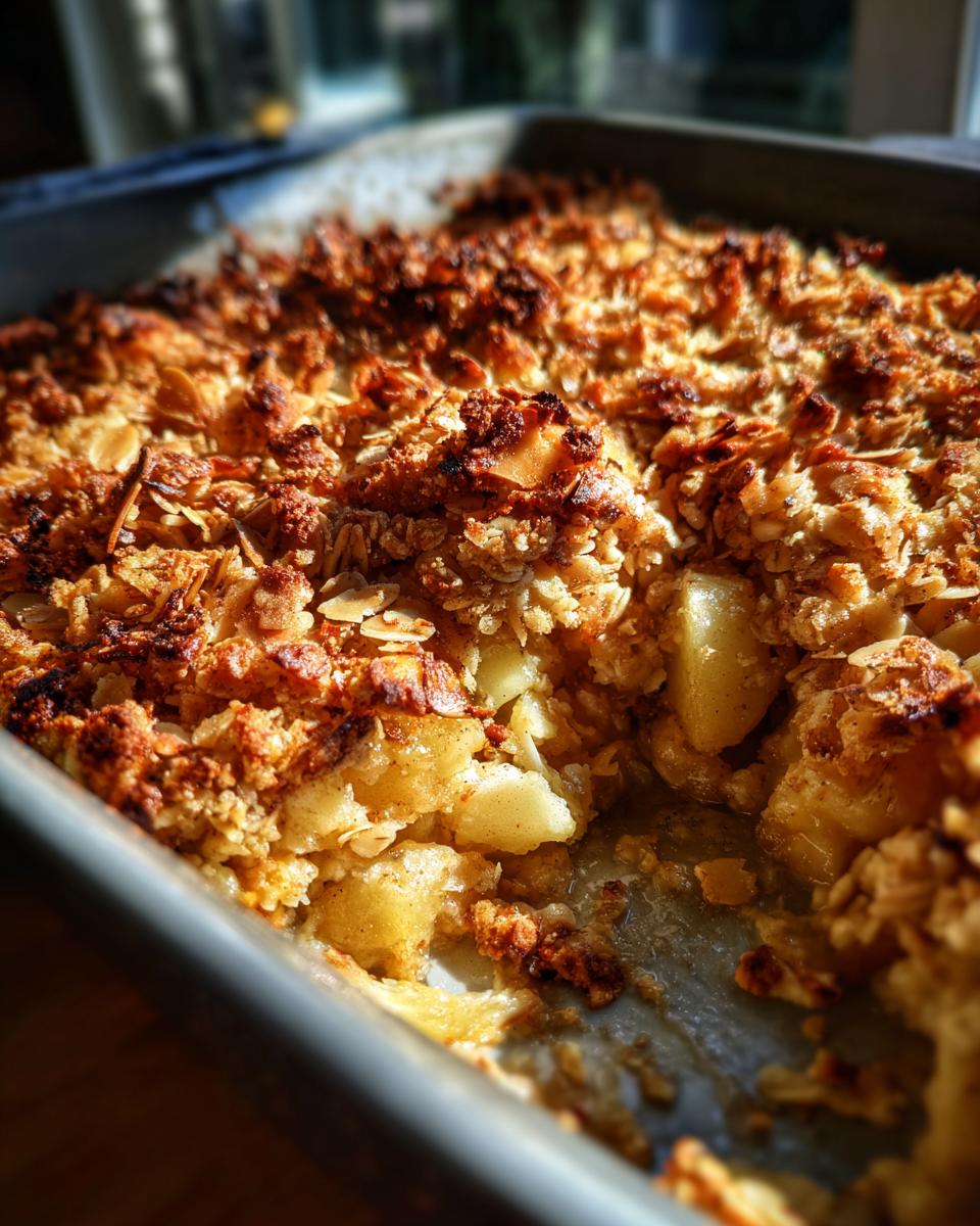Close-up of a freshly baked apple crisp in a baking dish, showing tender apple pieces and a golden, crumbly topping.