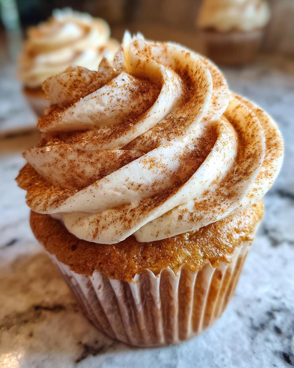 Close-up of a single Apple Pie Cupcake topped with swirled cinnamon frosting and a sprinkle of cinnamon.