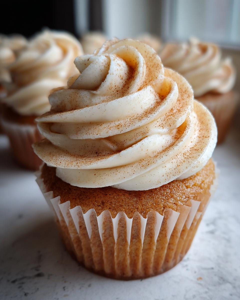 Close-up of a freshly baked apple pie cupcake topped with creamy cinnamon frosting and a sprinkle of cinnamon.