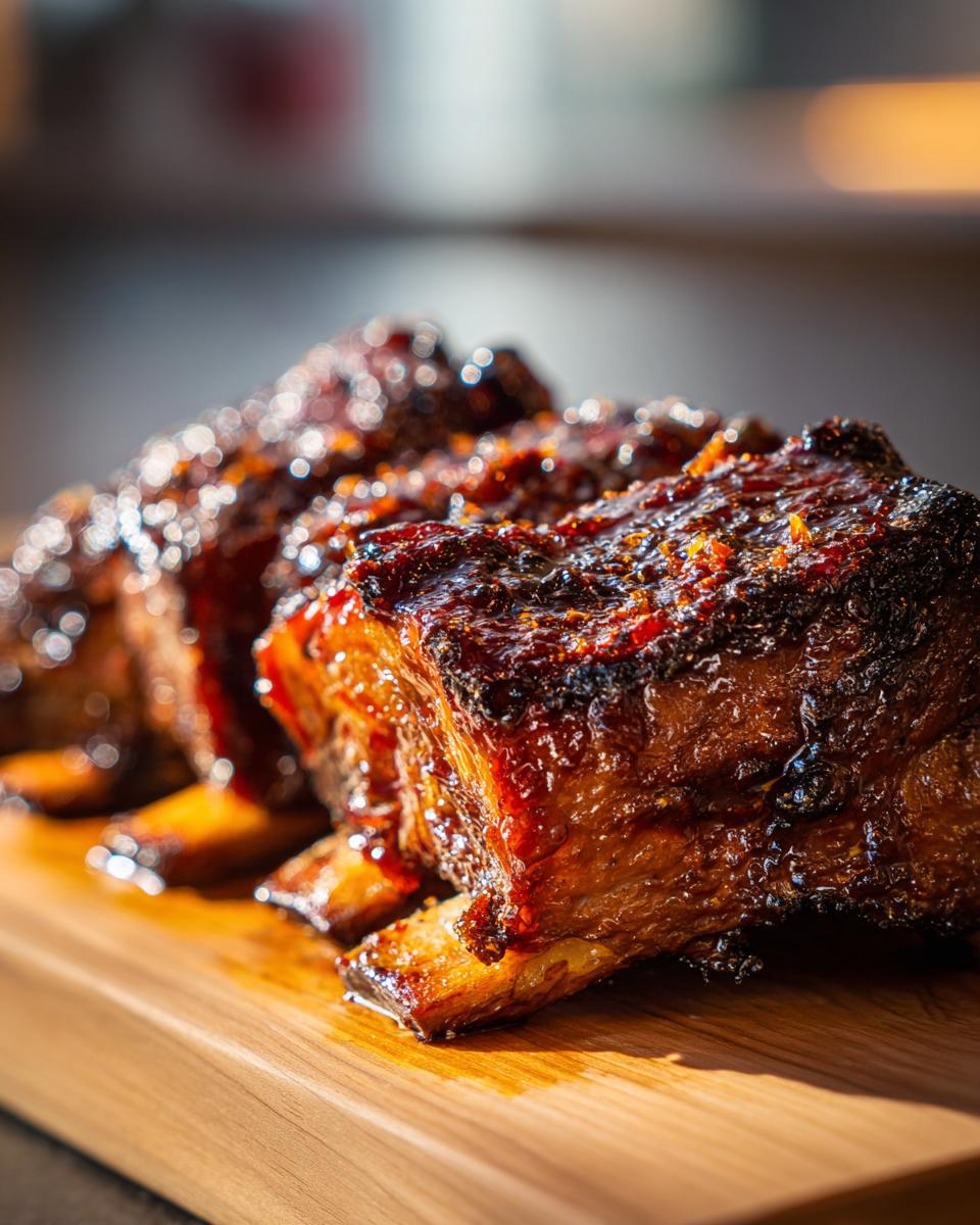 Close-up of tender Asian beef short ribs glazed with a rich sauce on a wooden board.
