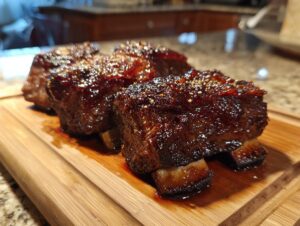 Close-up of tender Asian beef short ribs glazed with a dark sauce and sprinkled with sesame seeds, served on a wooden cutting board.