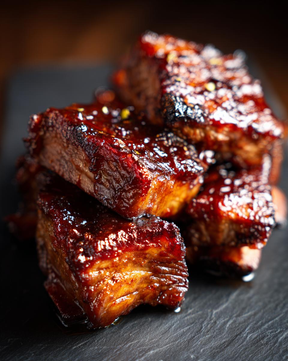 Close-up of tender Asian beef short ribs glazed in a rich, dark sauce.