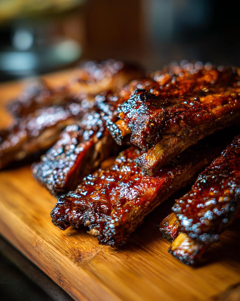 Close-up of glistening Asian beef short ribs, glazed and cooked to perfection on a wooden board.