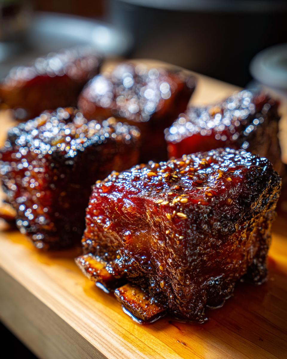 Close-up of glazed Asian beef short ribs, glistening with sauce and sprinkled with sesame seeds.
