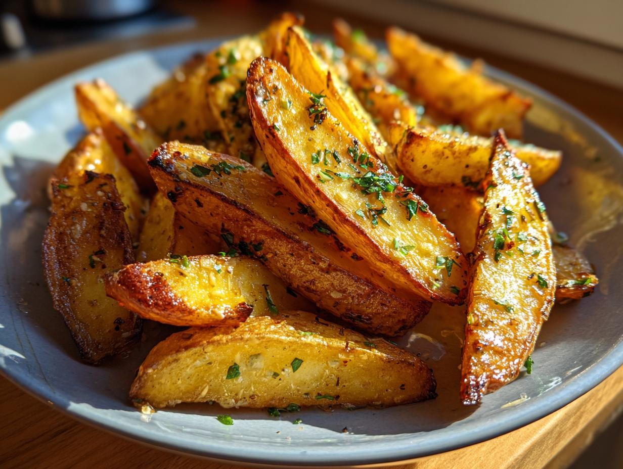 Close-up of a plate piled high with golden-brown, crispy authentic Greek potatoes, sprinkled with fresh herbs.