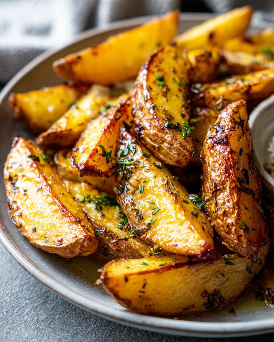 Close-up of golden brown, oven-baked authentic Greek potatoes, seasoned with herbs.