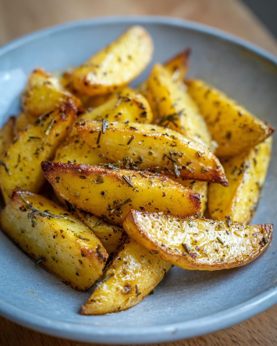 A close-up of golden-brown authentic Greek potatoes seasoned with herbs and spices, served in a blue bowl.