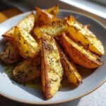 Close-up of a plate filled with golden-brown, oven-baked authentic Greek potatoes seasoned with herbs.