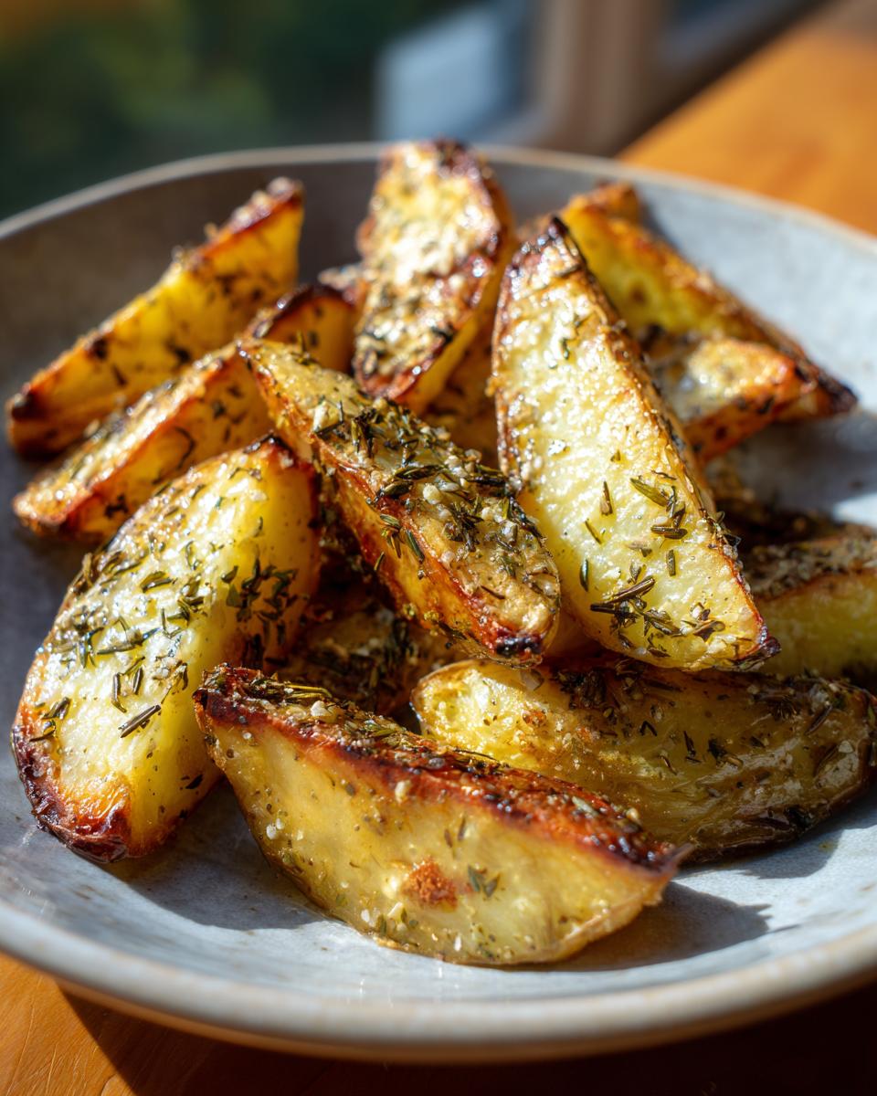 Close-up of a plate piled high with crispy, seasoned authentic Greek potatoes, sprinkled with herbs.