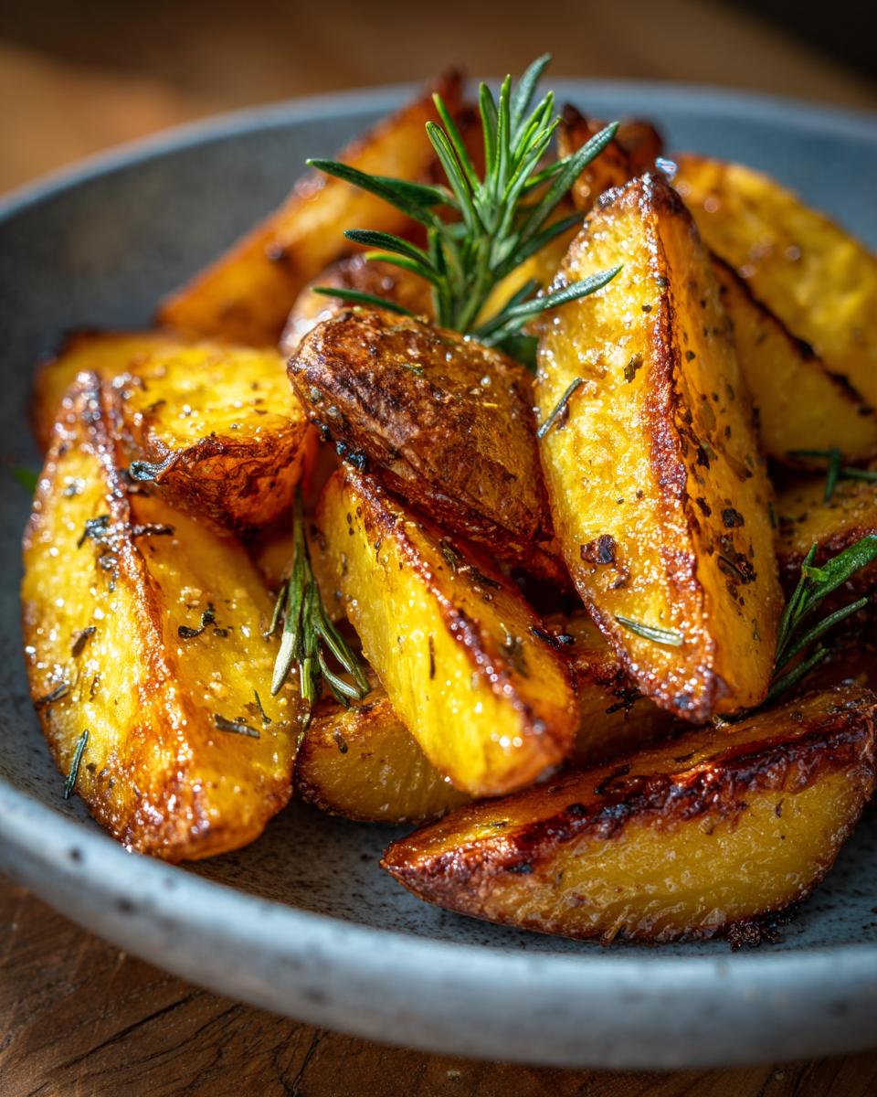 Close-up of golden-brown authentic Greek potatoes roasted with rosemary in a rustic bowl.