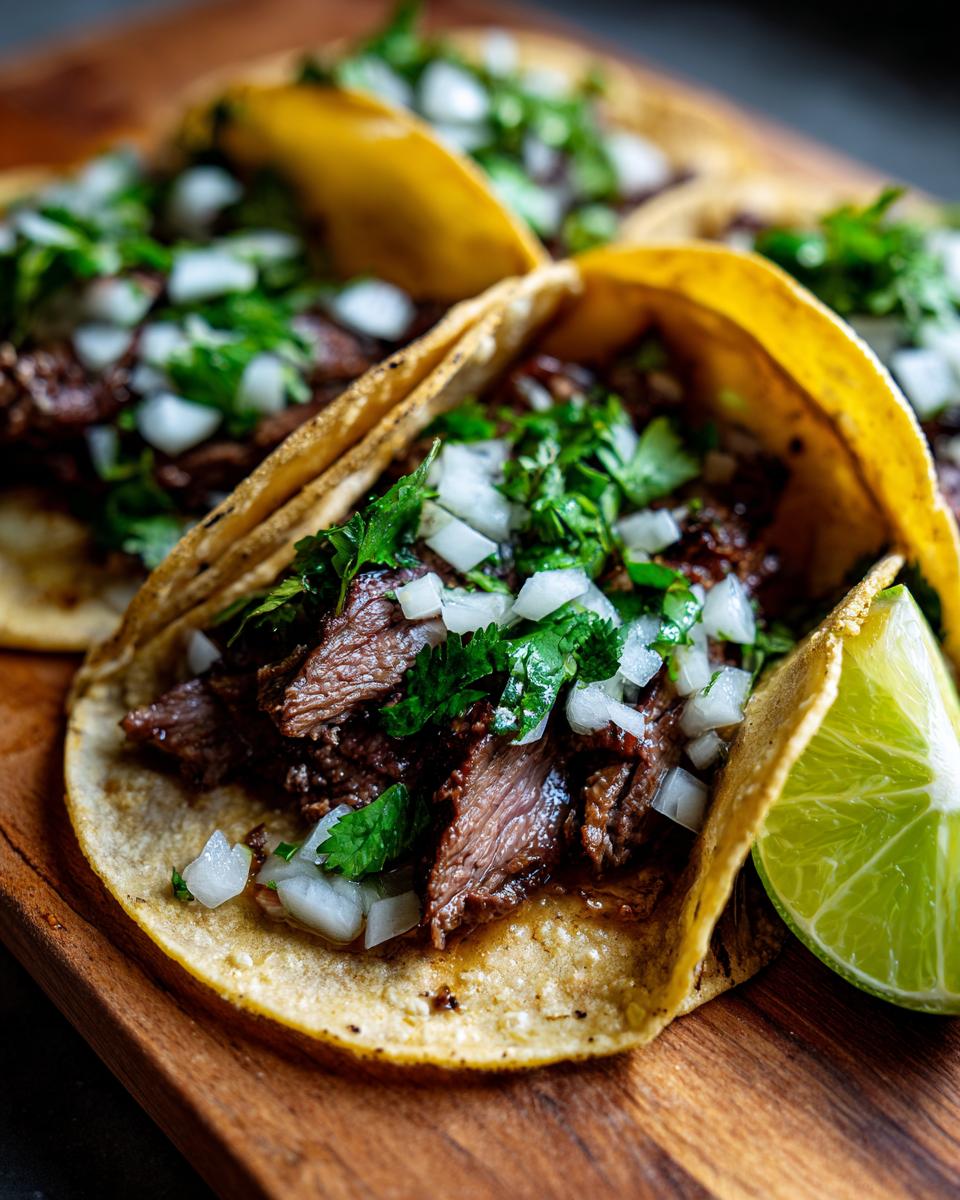Close-up of authentic street tacos filled with tender beef, chopped onions, and cilantro, served with a lime wedge.
