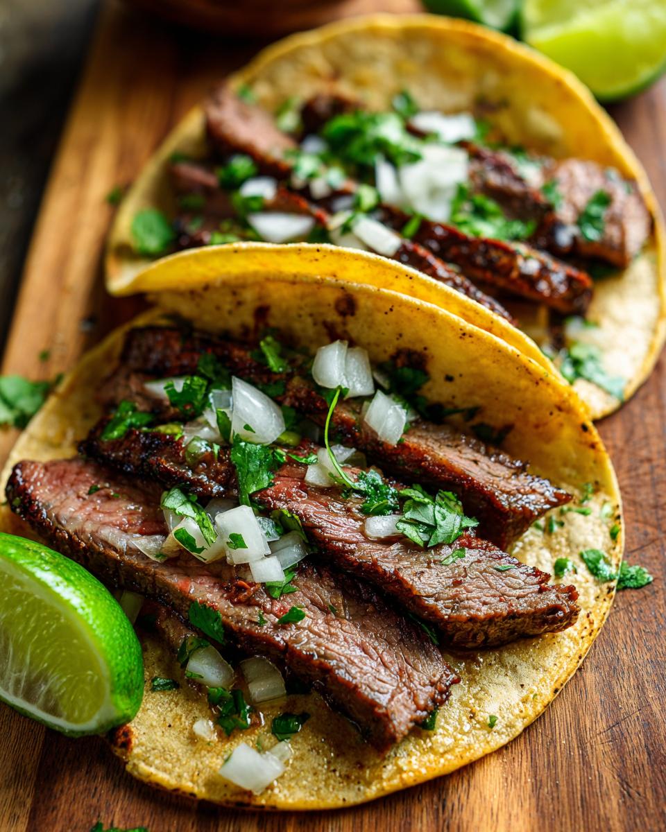 Close-up of two authentic street tacos filled with sliced steak, chopped onions, and cilantro, served with lime wedges.