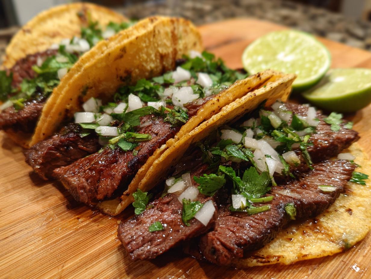 Close-up of authentic street tacos filled with grilled steak, topped with diced onions and cilantro, served with lime wedges.