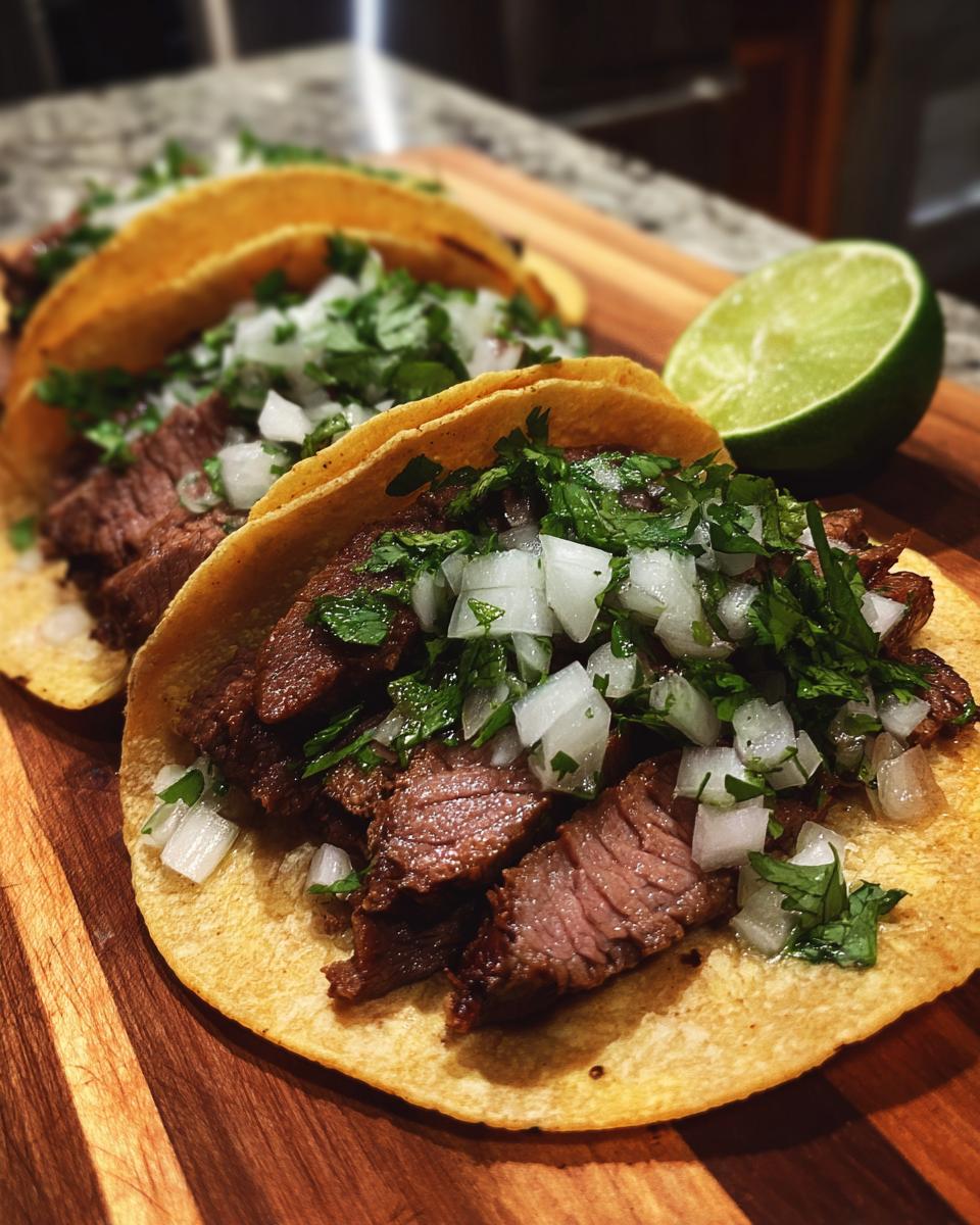Close-up of authentic street tacos filled with tender steak, diced onions, and fresh cilantro, with a lime wedge on the side.