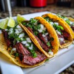 Close-up of authentic street tacos filled with sliced steak, onions, and cilantro, served with lime wedges.