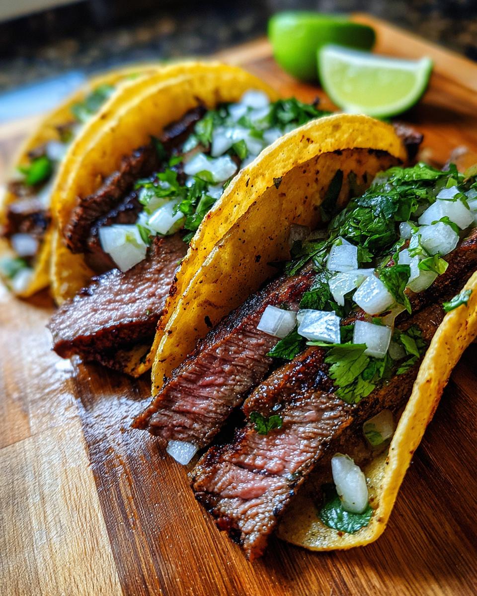 Close-up of authentic street tacos filled with grilled steak, chopped onions, and cilantro, served with lime wedges.