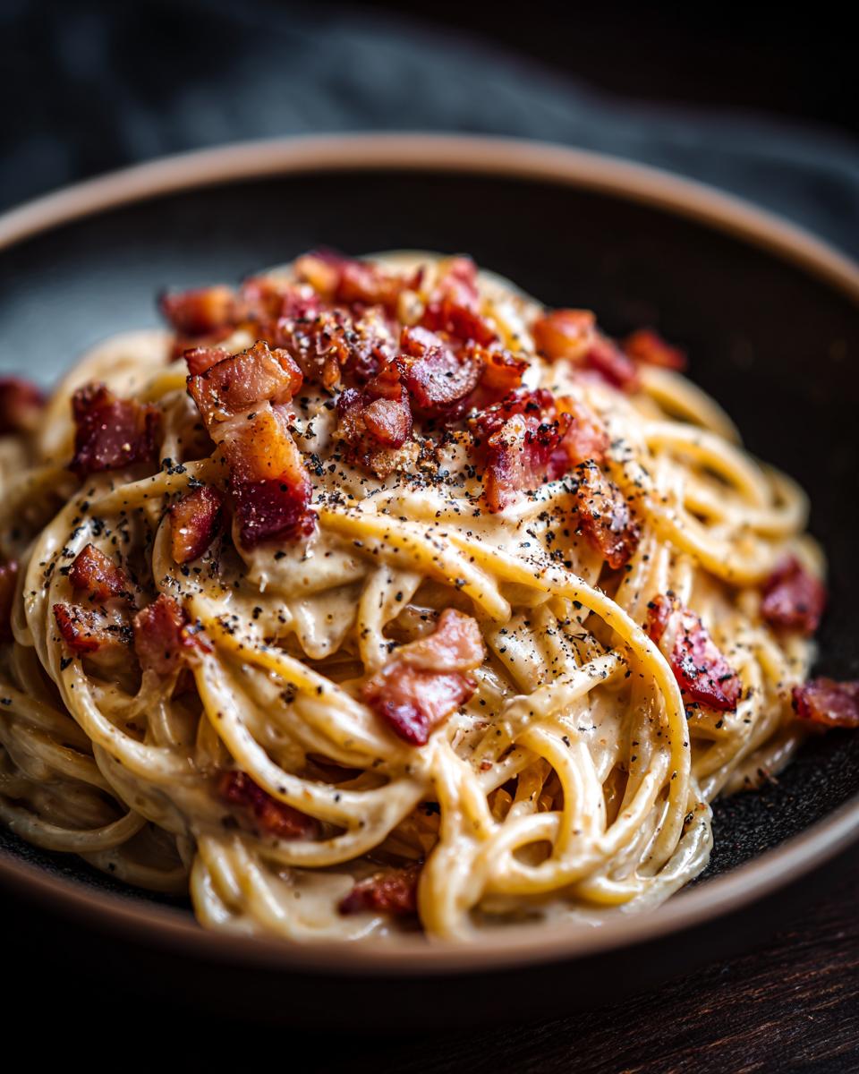 A close-up of a bowl of creamy bacon carbonara pasta topped with crispy bacon bits and black pepper.