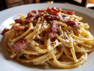 A close-up view of a plate of creamy bacon carbonara pasta, topped with crispy bacon pieces and black pepper.