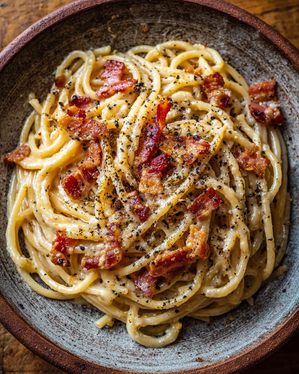 Close-up overhead view of a bowl of creamy bacon carbonara pasta, topped with crispy bacon pieces and black pepper.
