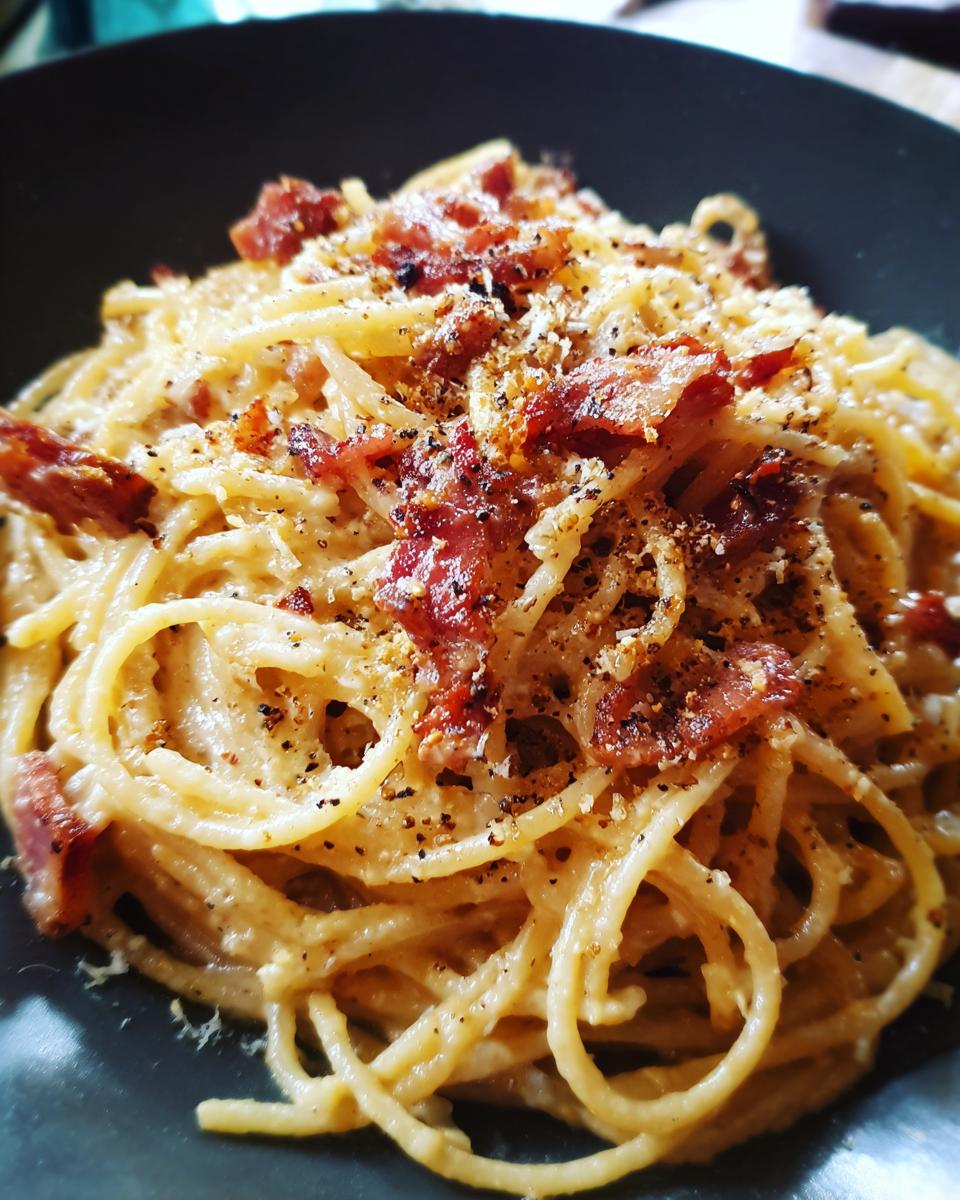 Close-up of a bowl of creamy bacon carbonara pasta, topped with crispy bacon bits and freshly ground black pepper.