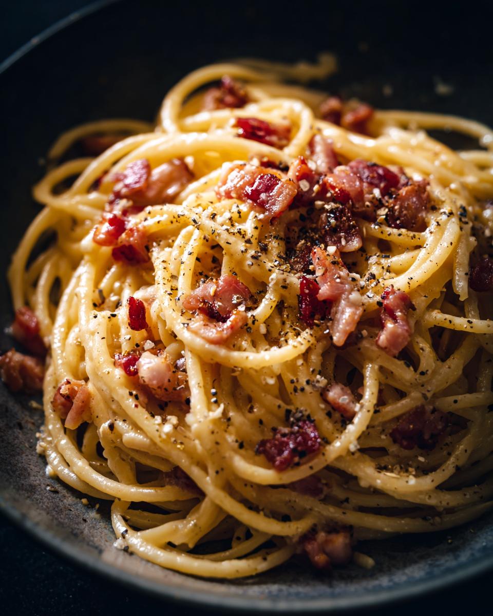 A close-up, overhead view of a bowl of spaghetti with creamy sauce, crispy bacon bits, and cracked black pepper, showcasing the delicious bacon carbonara.