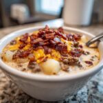 A close-up of a bowl of delicious bacon cheeseburger soup, topped with melted cheese and crispy bacon.