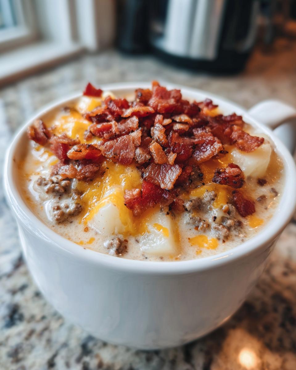 A close-up of a white bowl filled with creamy Bacon Cheeseburger Soup, topped with melted cheddar cheese, crispy bacon bits, and potato chunks.