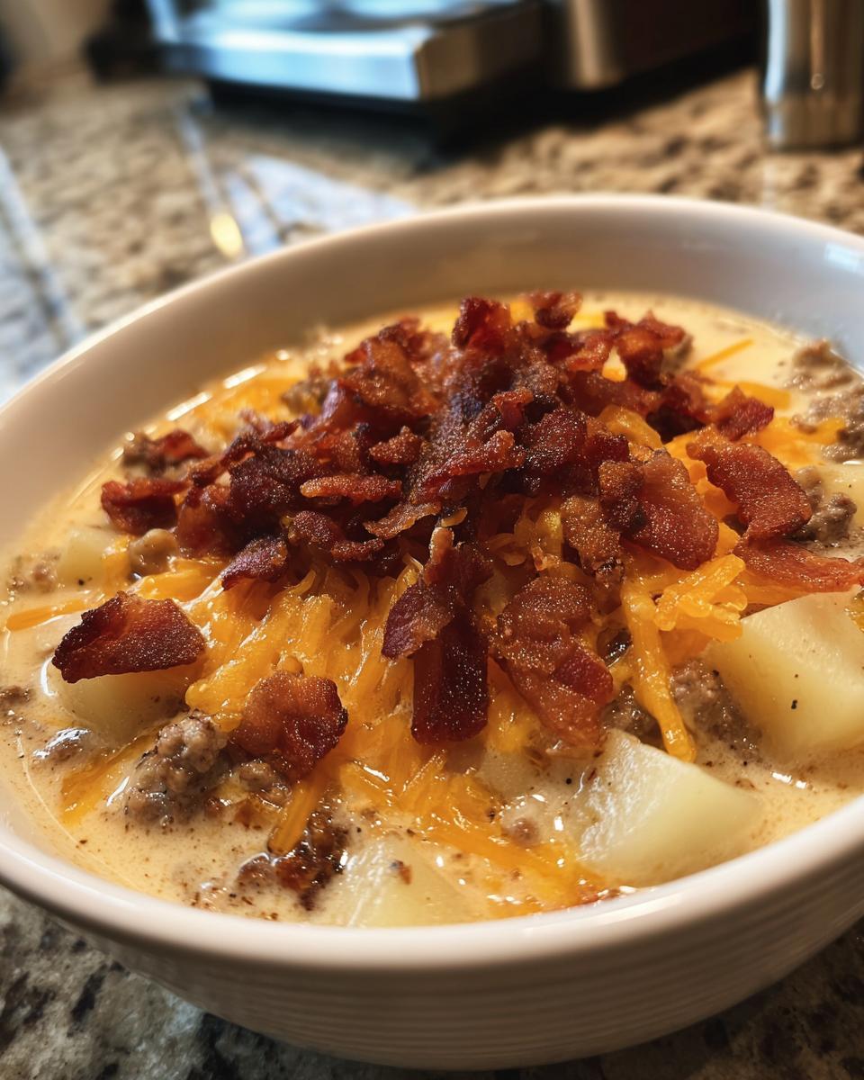A close-up of a bowl of bacon cheeseburger soup, topped with shredded cheddar cheese and crispy bacon bits.
