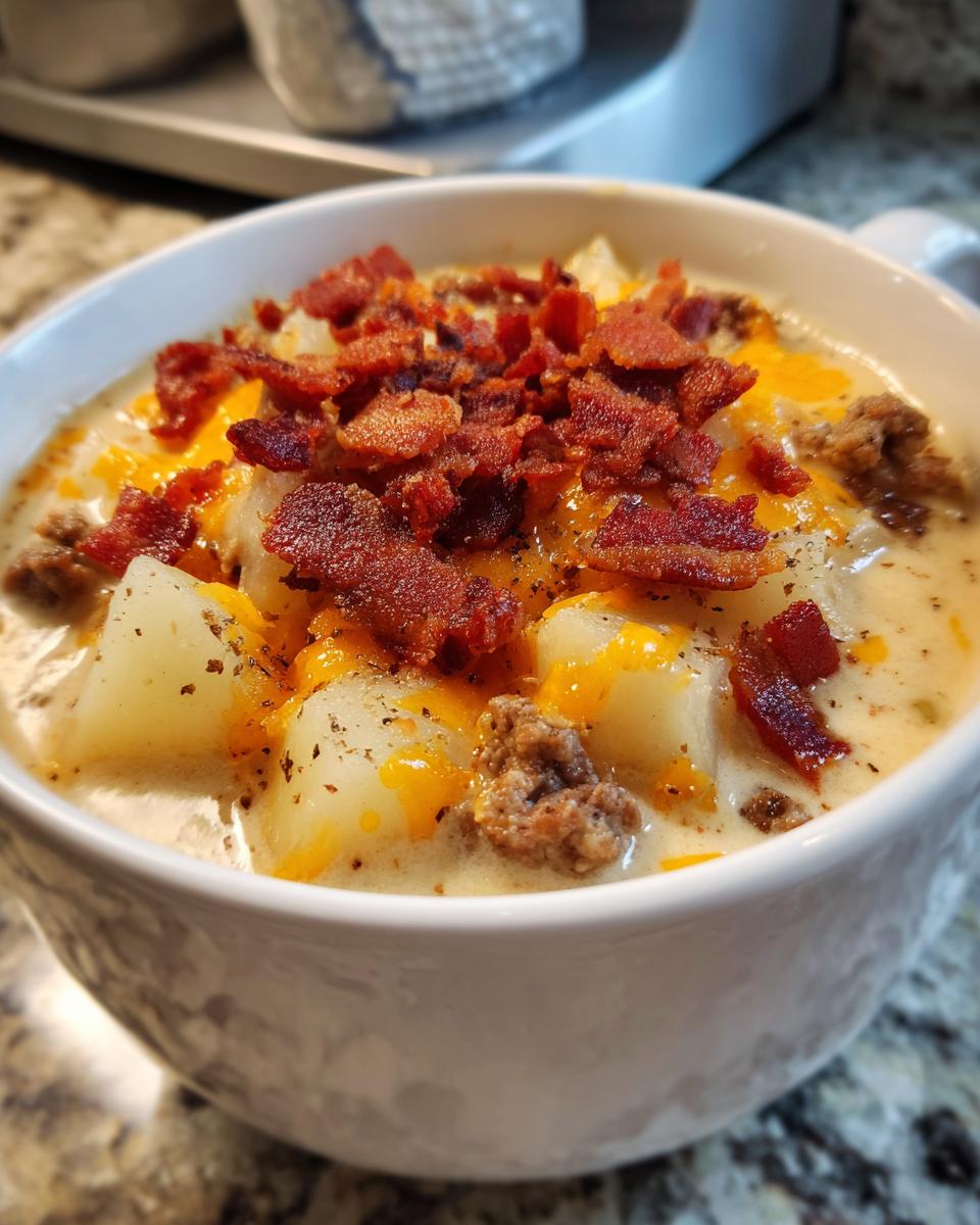 A close-up of a bowl of delicious Bacon Cheeseburger Soup, topped with crispy bacon, shredded cheese, and potatoes.