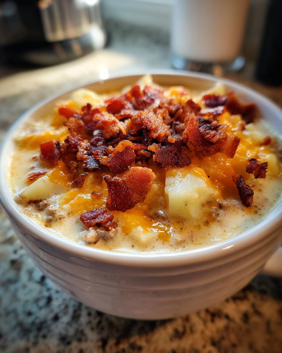 A close-up of a bowl of Bacon Cheeseburger Soup, generously topped with melted cheddar cheese and crispy bacon bits.