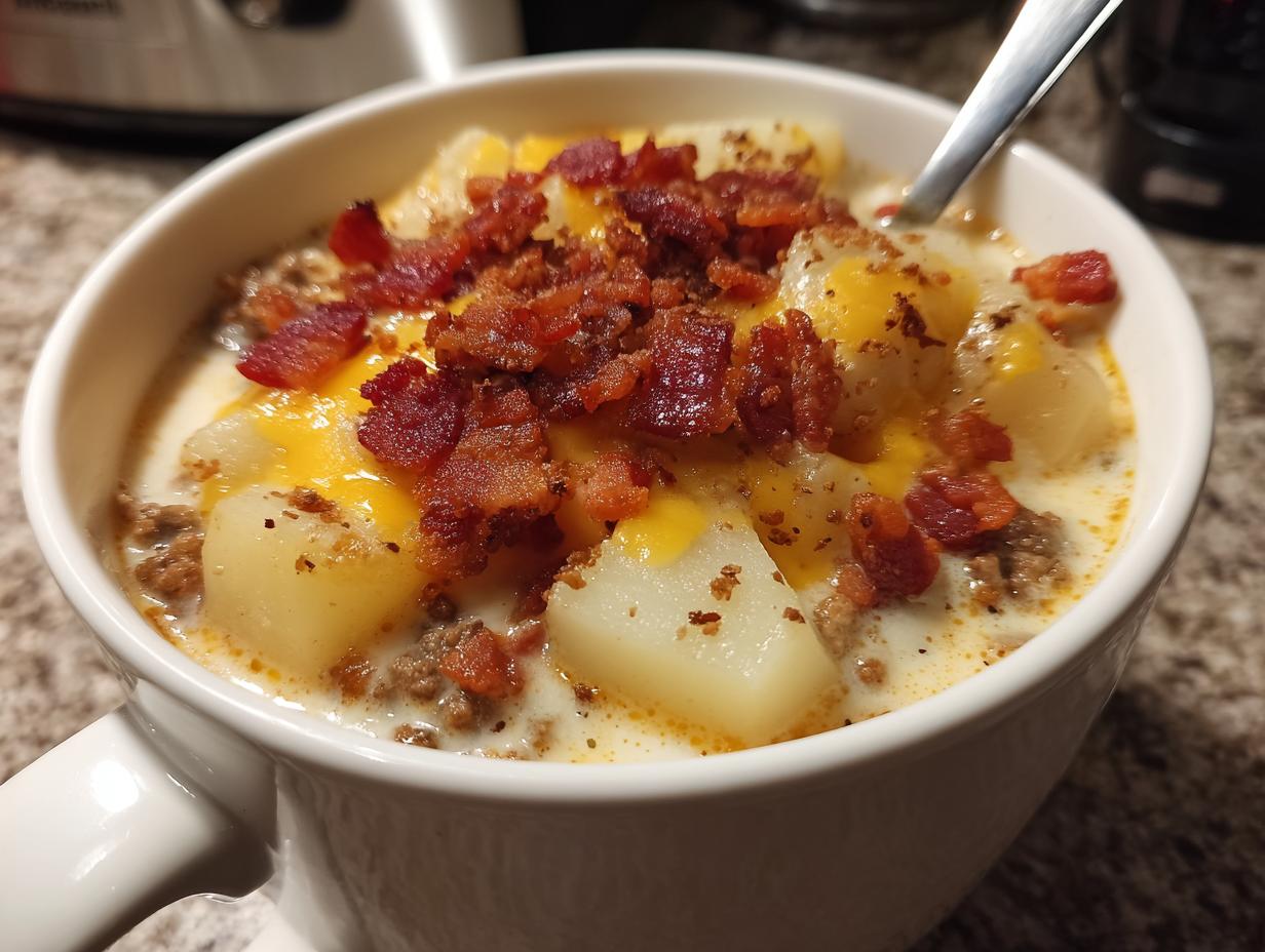 A close-up of a white bowl filled with delicious bacon cheeseburger soup, featuring chunks of potatoes, ground beef, melted cheese, and crispy bacon bits.