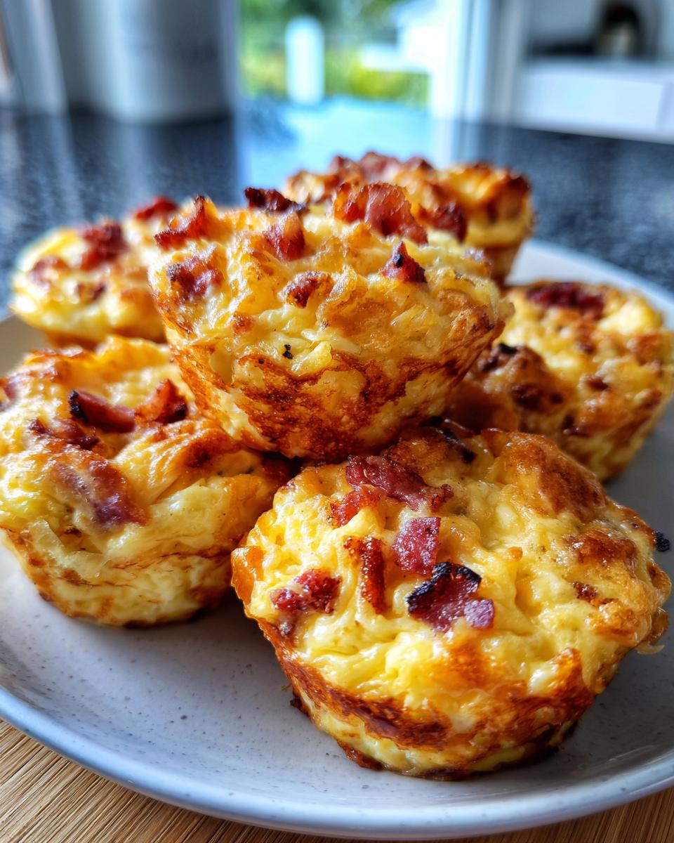 A close-up of several golden-brown bacon gruyere egg bites topped with crispy bacon pieces.
