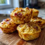 A stack of golden-brown bacon gruyere egg bites on a wooden cutting board.