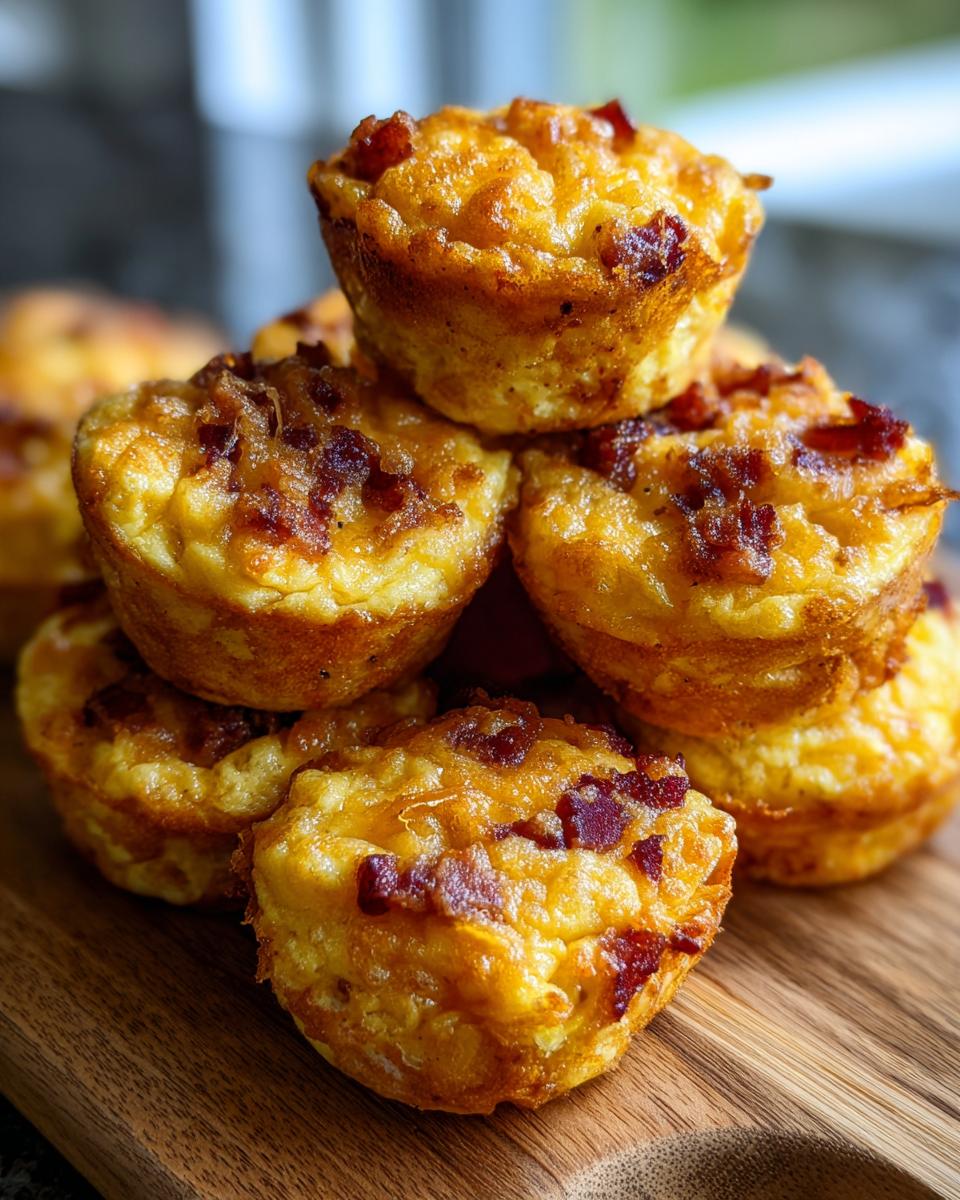A stack of golden-brown bacon gruyere egg bites topped with crispy bacon pieces on a wooden board.
